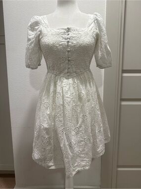 Rock & Roll Denim White Eyelet Smocked Puff Sleeve Mini Dress Small